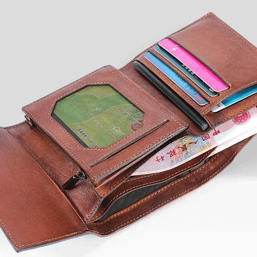 Vintage Mens Cool Small Trifold Leather Wallet Men billfold Zipper Wallets for Men