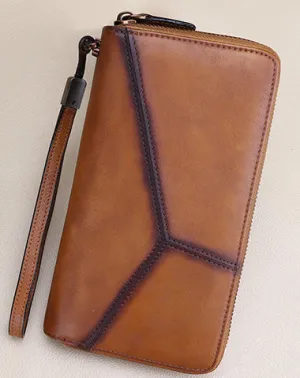 Vintage Multicolor Geometric Brown Leather Wristlet Wallet Womens Flower Zip Around Wallets Flowers Ladies Zipper Clutch Wallet for Women