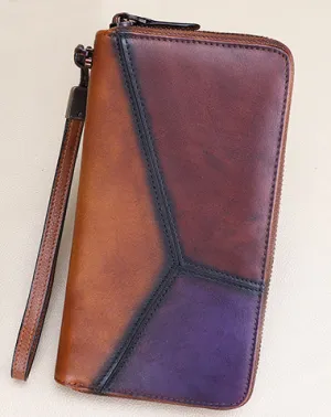 Vintage Multicolor Geometric Brown&Purple&Coffee Leather Wristlet Wallet Womens Flower Zip Around Wallets Flowers Ladies Zipper Clutch Wallet for Women