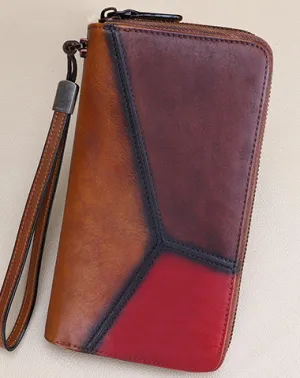 Vintage Multicolor Geometric Brown&Red&Coffee Leather Wristlet Wallet Womens Flower Zip Around Wallets Flowers Ladies Zipper Clutch Wallet for Women