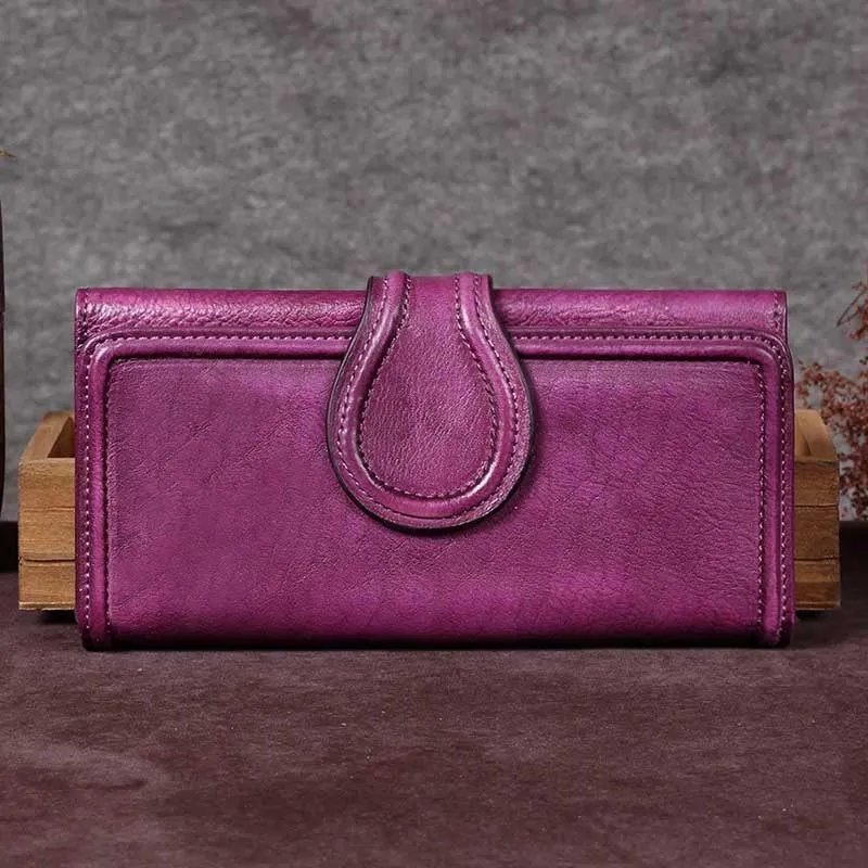 Vintage Red Womens Long Bifold Wallet Brown Leather Wallet Purple Clutch Wallet Purse