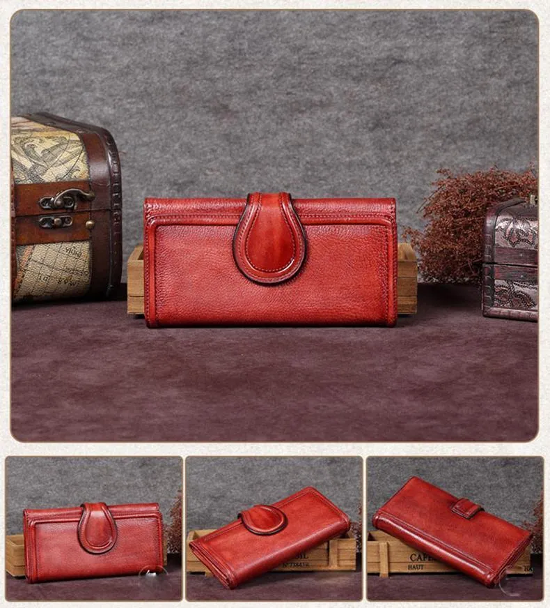Vintage Red Womens Long Bifold Wallet Brown Leather Wallet Purple Clutch Wallet Purse