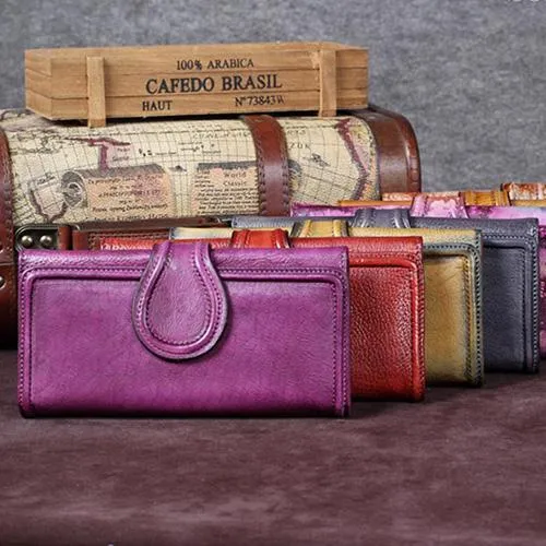 Vintage Red Womens Long Bifold Wallet Brown Leather Wallet Purple Clutch Wallet Purse