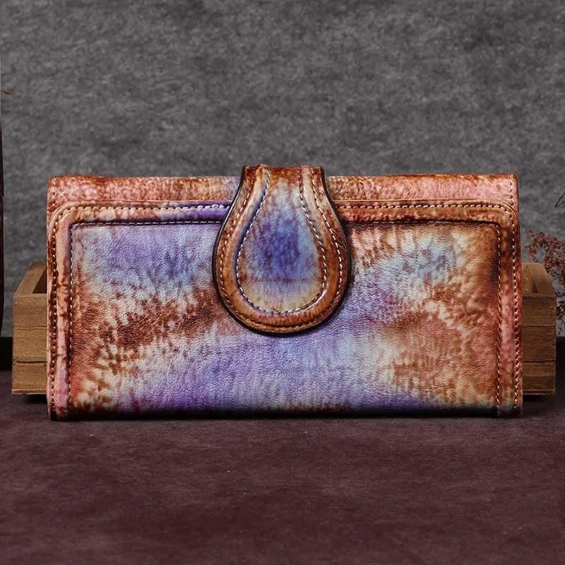 Vintage Red Womens Long Bifold Wallet Brown Leather Wallet Purple Clutch Wallet Purse