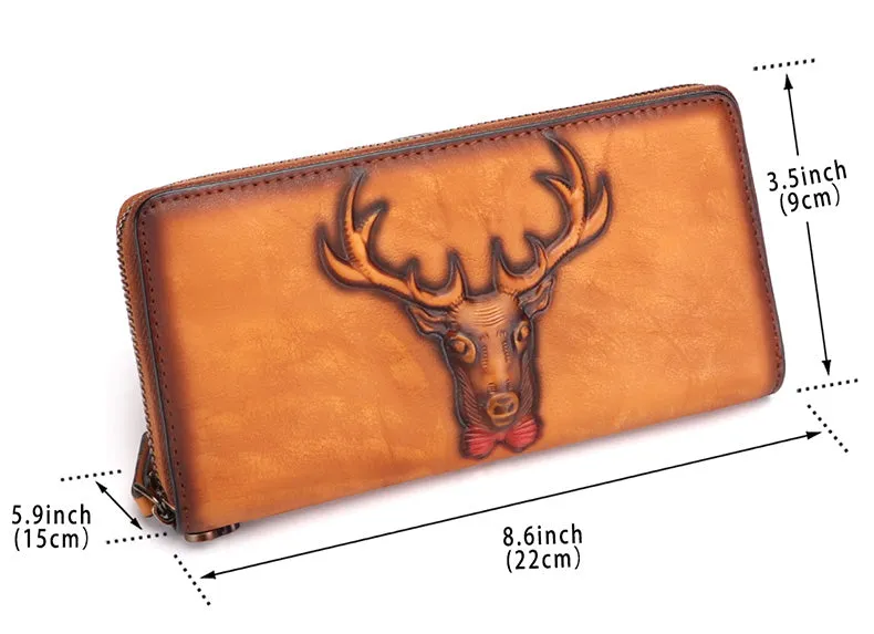 Vintage Reindeer Gray Leather Wristlet Wallets Womens Zip Around Wallet Reindeer Ladies Zipper Clutch Wallets for Women