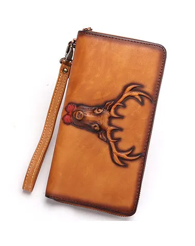 Vintage Reindeer Gray Leather Wristlet Wallets Womens Zip Around Wallet Reindeer Ladies Zipper Clutch Wallets for Women