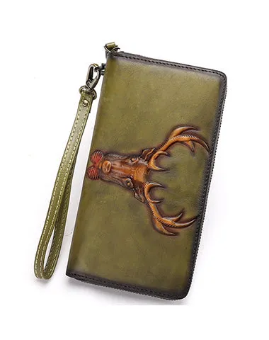Vintage Reindeer Gray Leather Wristlet Wallets Womens Zip Around Wallet Reindeer Ladies Zipper Clutch Wallets for Women