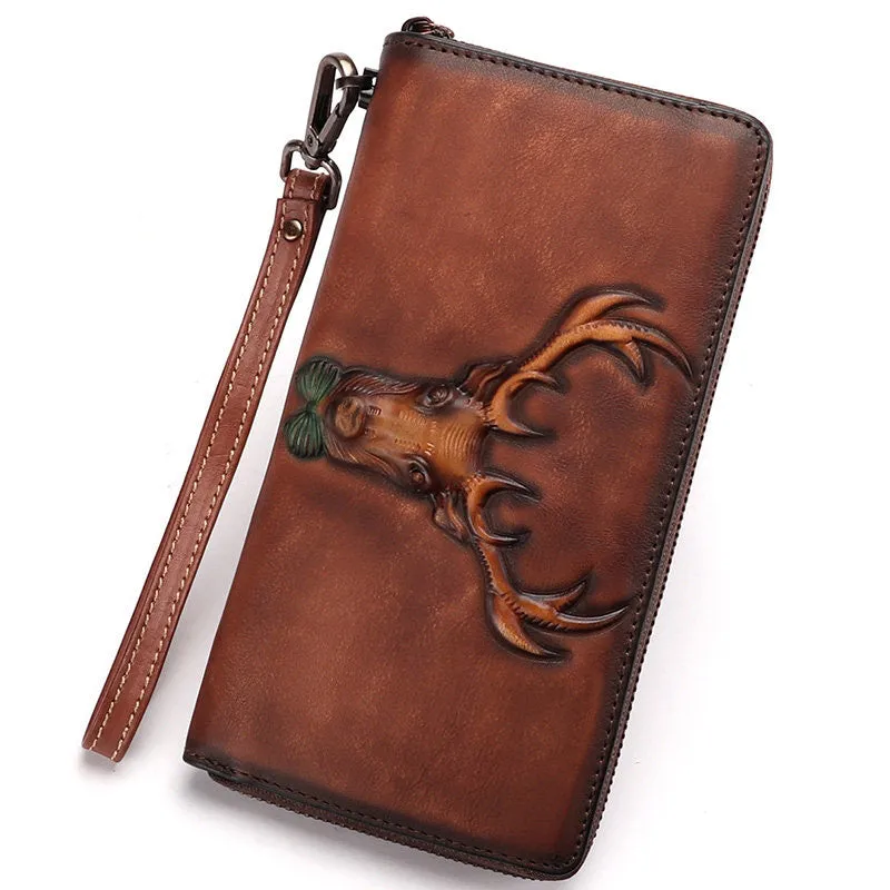 Vintage Reindeer Gray Leather Wristlet Wallets Womens Zip Around Wallet Reindeer Ladies Zipper Clutch Wallets for Women