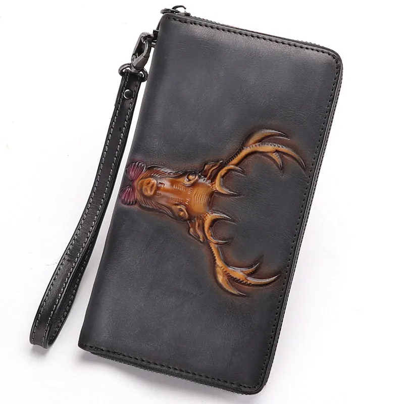 Vintage Reindeer Gray Leather Wristlet Wallets Womens Zip Around Wallet Reindeer Ladies Zipper Clutch Wallets for Women