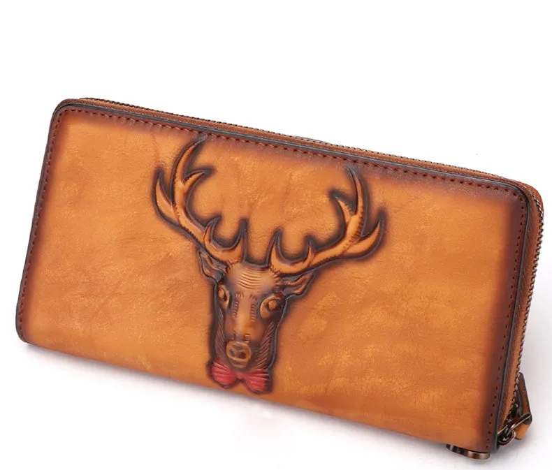 Vintage Reindeer Gray Leather Wristlet Wallets Womens Zip Around Wallet Reindeer Ladies Zipper Clutch Wallets for Women