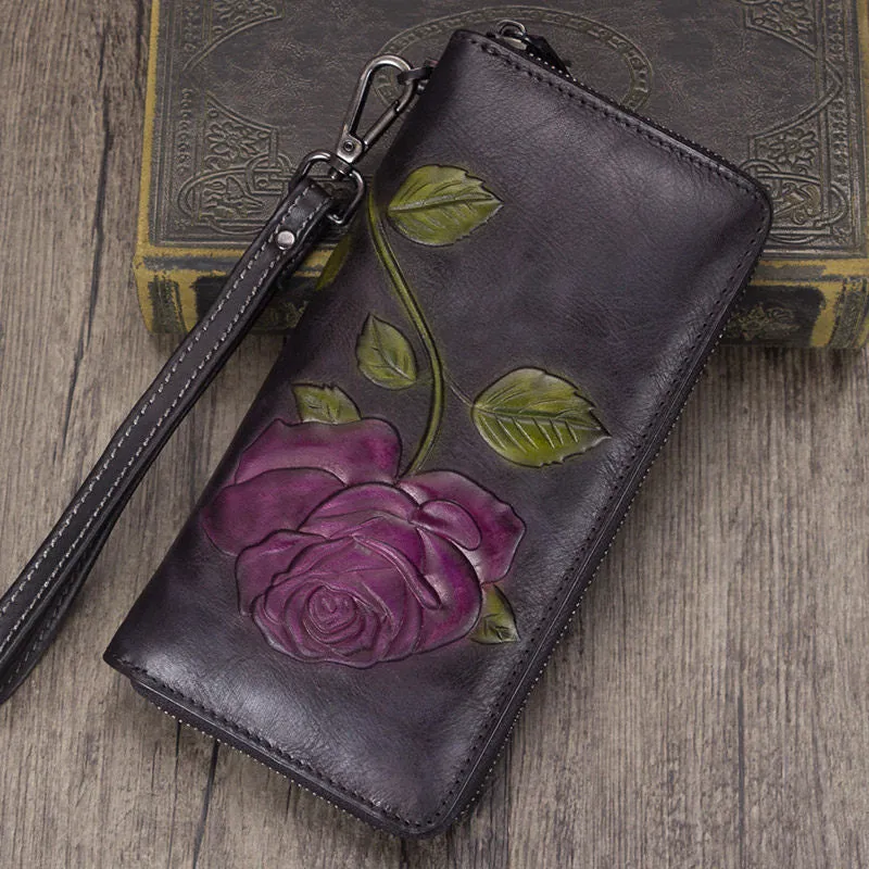 Vintage Rose Flower Gray Leather Wristlet Wallet Womens Rose Zip Around Wallets Flower Ladies Zipper Clutch Wallet for Women