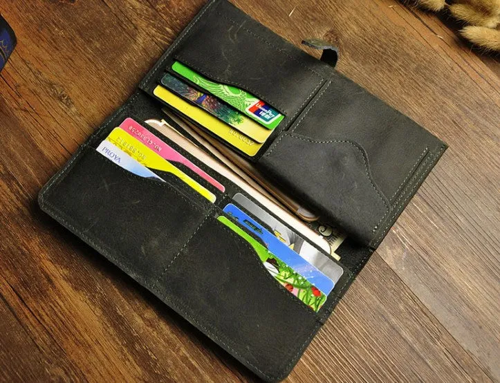 Vintage Slim Leather Long Wallet for Men Bifold Coffee Wallet