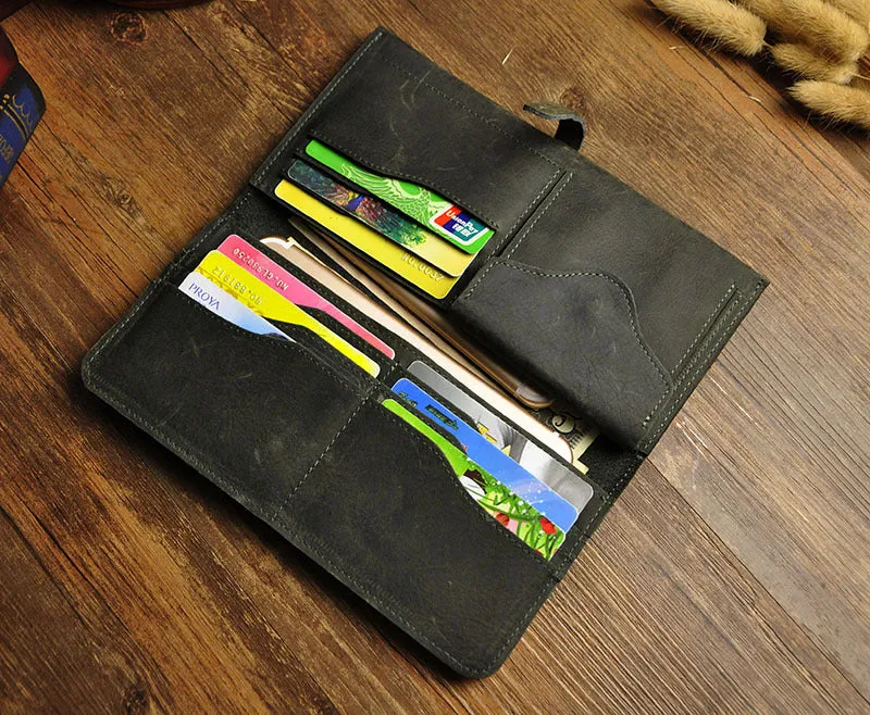 Vintage Slim Leather Long Wallet for Men Bifold Coffee Wallet