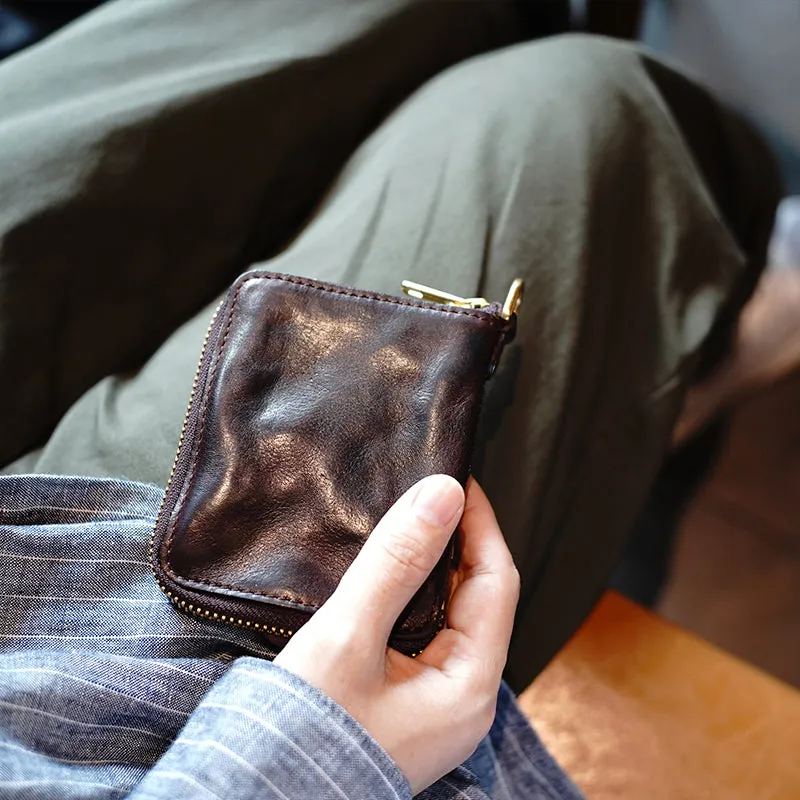 Vintage Small Coffee Leather Zip Wallet Billfold Womens Zip Around Wallets Ladies Zipper Wallet for Women