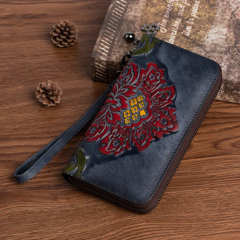 Vintage SunFlower Black Leather Wristlet Wallet Womens Flower Zip Around Wallets Flowers Ladies Zipper Clutch Wallet for Women