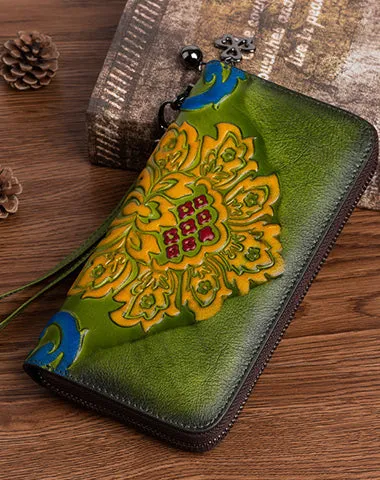 Vintage SunFlower Black Leather Wristlet Wallet Womens Flower Zip Around Wallets Flowers Ladies Zipper Clutch Wallet for Women