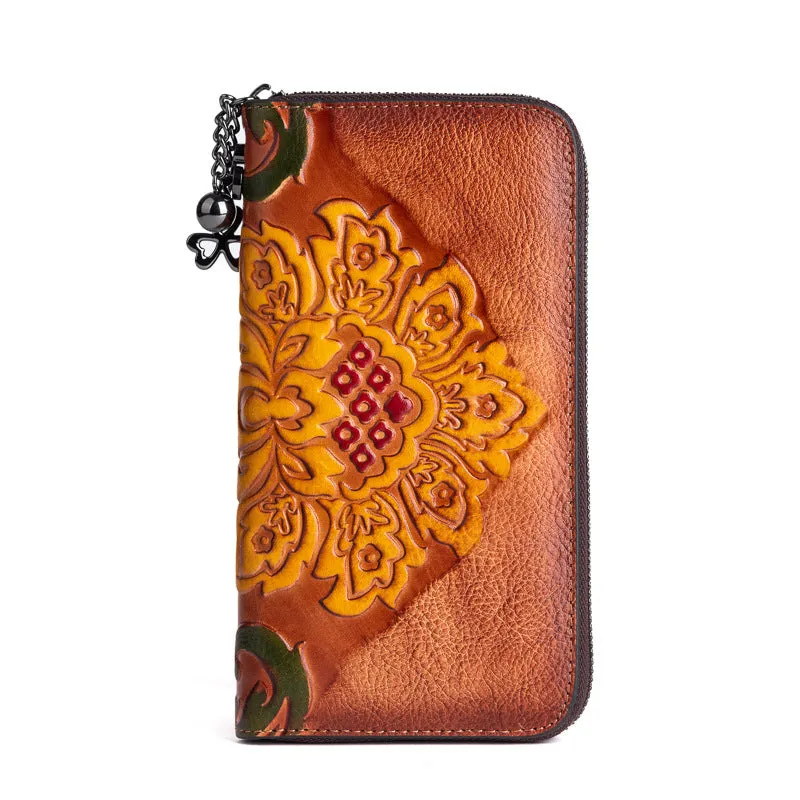 Vintage SunFlower Black Leather Wristlet Wallet Womens Flower Zip Around Wallets Flowers Ladies Zipper Clutch Wallet for Women