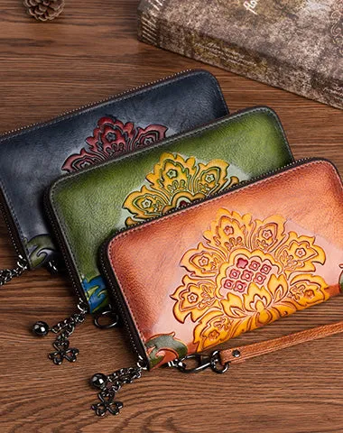 Vintage SunFlower Black Leather Wristlet Wallet Womens Flower Zip Around Wallets Flowers Ladies Zipper Clutch Wallet for Women