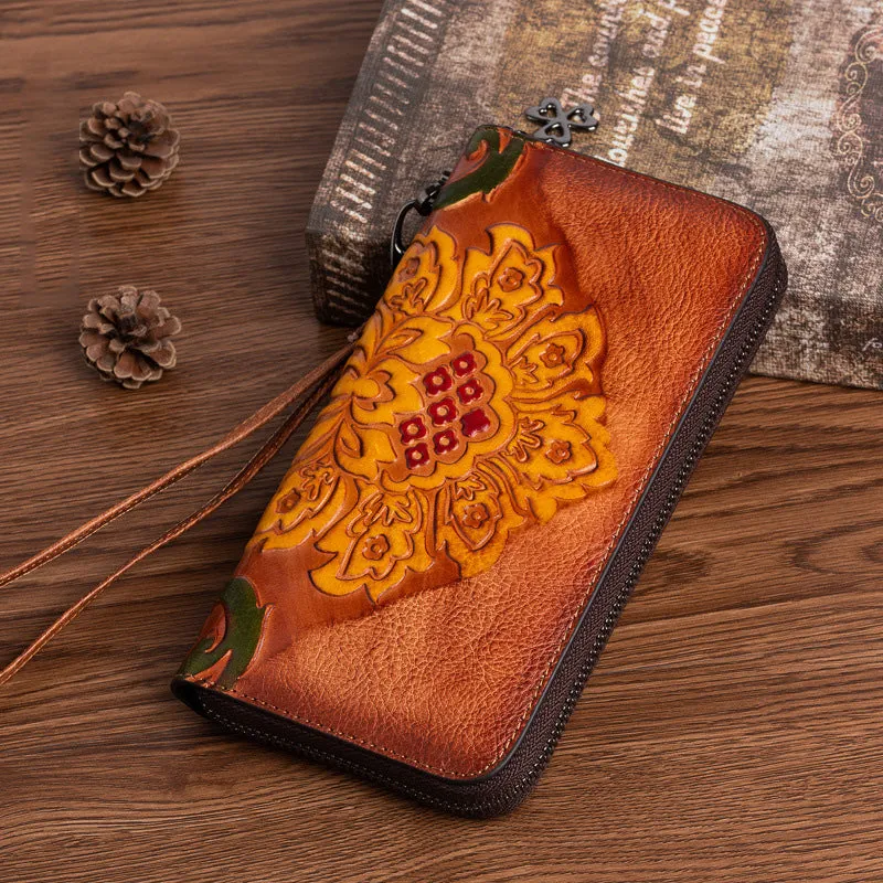 Vintage SunFlower Black Leather Wristlet Wallet Womens Flower Zip Around Wallets Flowers Ladies Zipper Clutch Wallet for Women