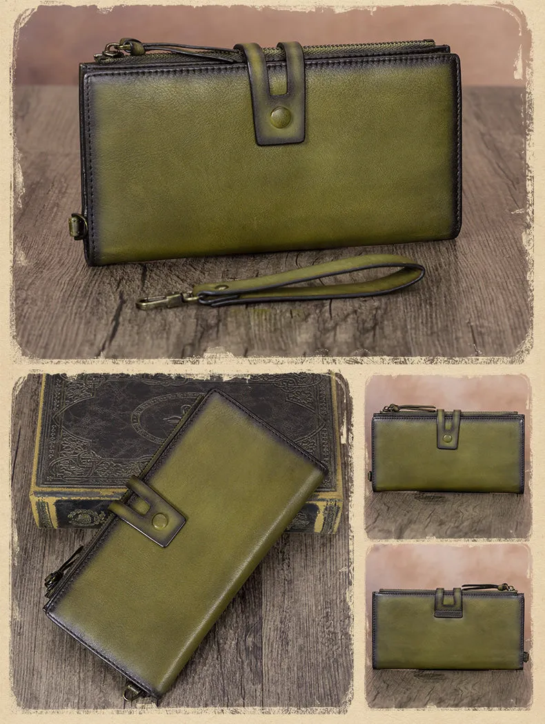 Vintage Tan Leather Wristlet Wallet Womens Wallet Bifold Long Clutch Wallet for Women