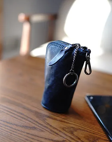 Vintage Women Black Leather Zip Key Wallet Car Key Holder Coin Wallet Coin Pouch Change Wallet For Women