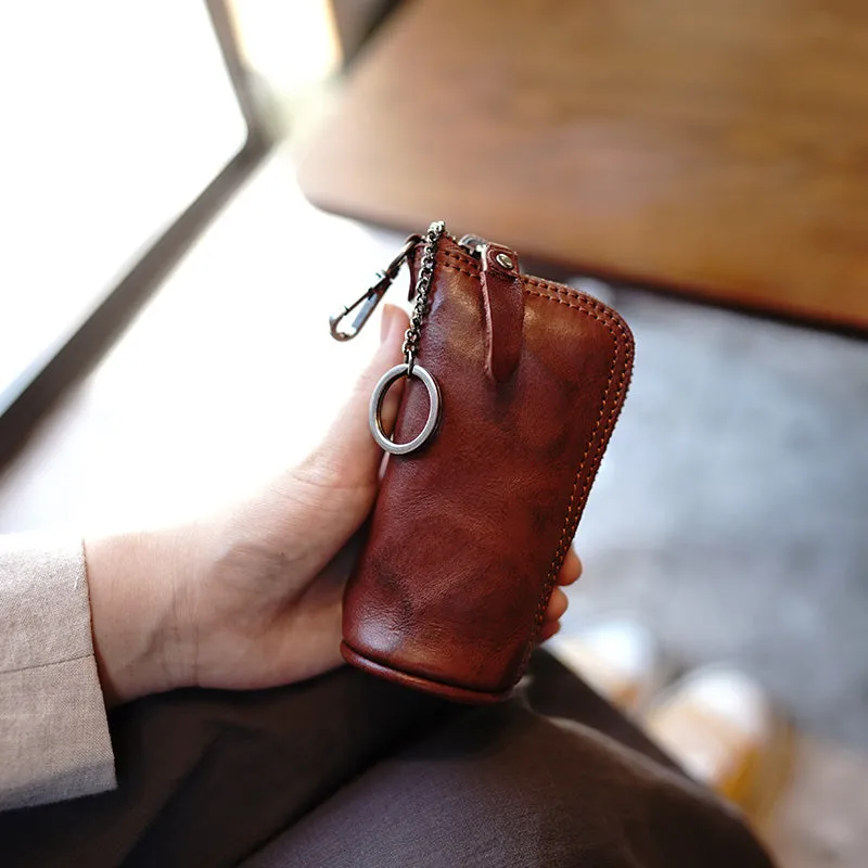 Vintage Women Black Leather Zip Key Wallet Car Key Holder Coin Wallet Coin Pouch Change Wallet For Women