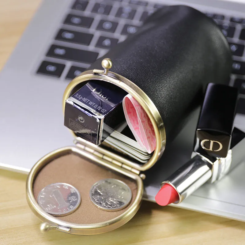 Vintage Women Coffee Leather Cup Coin Wallet Frame Clasp Coin Pouch Change Wallet For Women