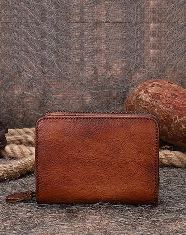 Vintage Women Green Leather Small Wallet with Zip Around Card Holders Bifold Small Wallet Billfold For Women