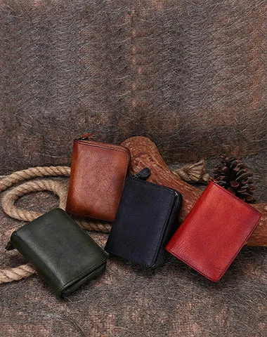 Vintage Women Green Leather Small Wallet with Zip Around Card Holders Bifold Small Wallet Billfold For Women