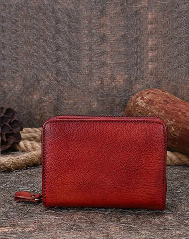Vintage Women Green Leather Small Wallet with Zip Around Card Holders Bifold Small Wallet Billfold For Women