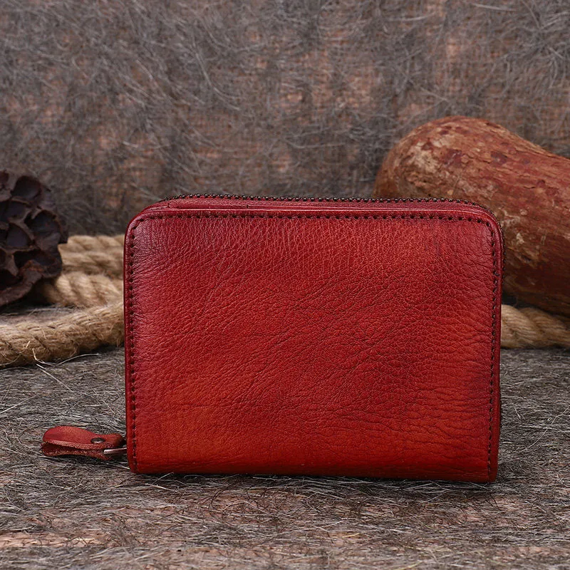 Vintage Women Green Leather Small Wallet with Zip Around Card Holders Bifold Small Wallet Billfold For Women