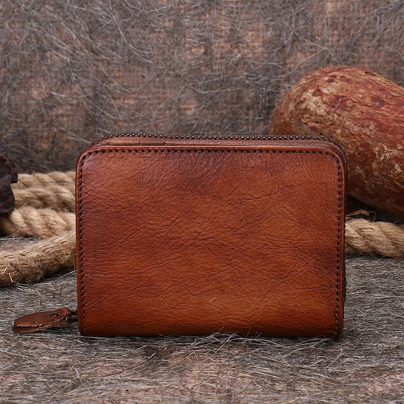 Vintage Women Green Leather Small Wallet with Zip Around Card Holders Bifold Small Wallet Billfold For Women