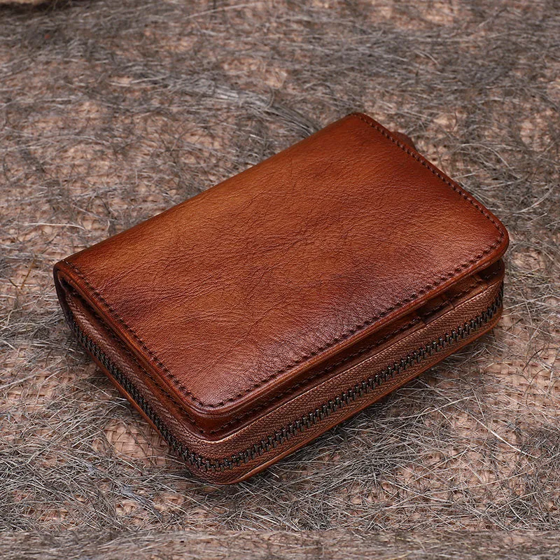 Vintage Women Green Leather Small Wallet with Zip Around Card Holders Bifold Small Wallet Billfold For Women