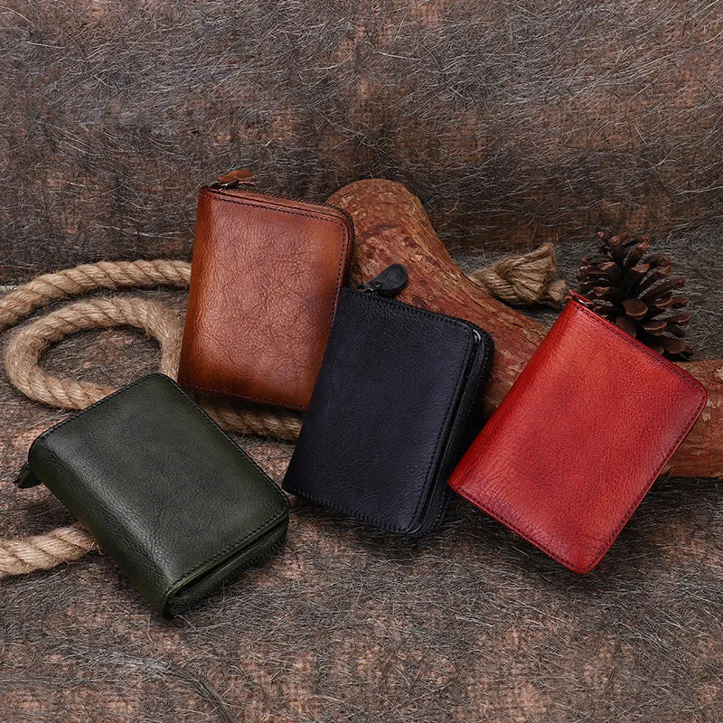 Vintage Women Green Leather Small Wallet with Zip Around Card Holders Bifold Small Wallet Billfold For Women