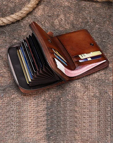 Vintage Women Green Leather Small Wallet with Zip Around Card Holders Bifold Small Wallet Billfold For Women