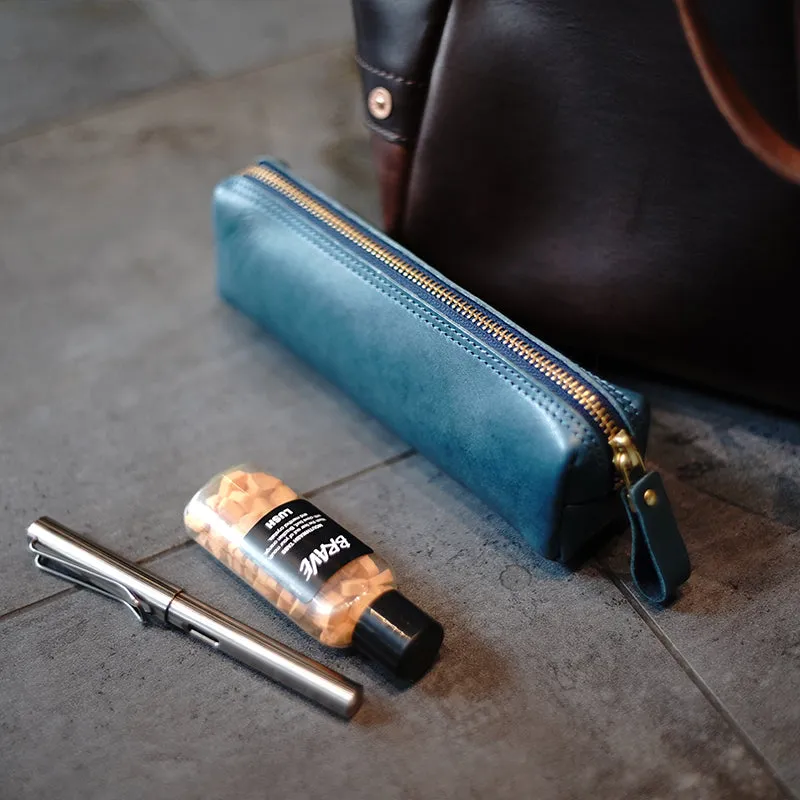Vintage Women Green Leather Zipper Pencil Pouch Cosmetic Case Makeup Bag Wallet For Women