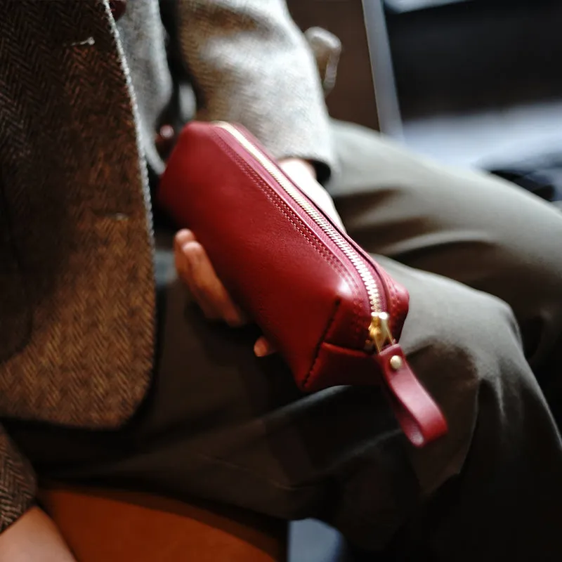 Vintage Women Green Leather Zipper Pencil Pouch Cosmetic Case Makeup Bag Wallet For Women