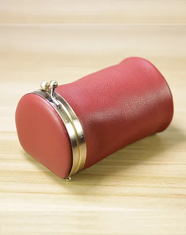Vintage Women Red Leather Cup Coin Wallet Frame Clasp Coin Pouch Change Wallet For Women