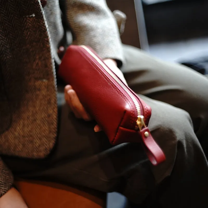 Vintage Women Red Leather Zipper Pencil Pouch Cosmetic Case Makeup Bag Wallet For Women