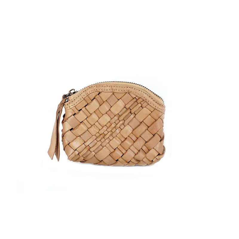 Vintage Women Small Beige Braided Leather Zip Coin Pouch Mini Coin Wallet Change Wallet For Women