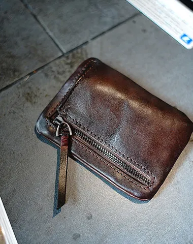 Vintage Women Small Brown Leather Zip Coin Pouch Mini Coin Wallet Change Wallet For Women