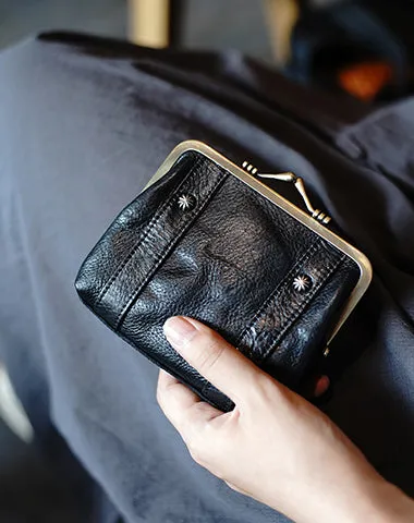 Vintage Women Tan Leather Billfold Wallet Frame Clasp Coin Wallet Change Wallet For Women