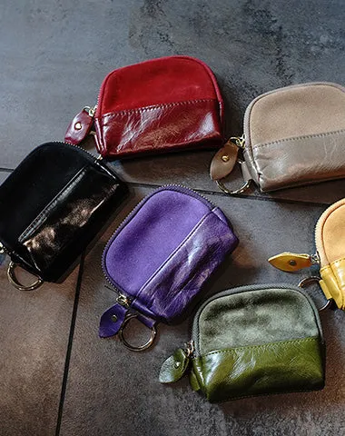 Vintage Women Tan Leather Zip Coin Pouch with Keyring Coin Wallet Change Wallet For Women