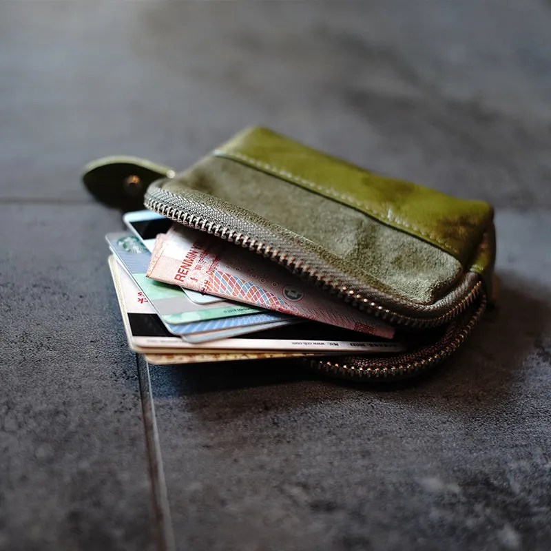 Vintage Women Tan Leather Zip Coin Pouch with Keyring Coin Wallet Change Wallet For Women
