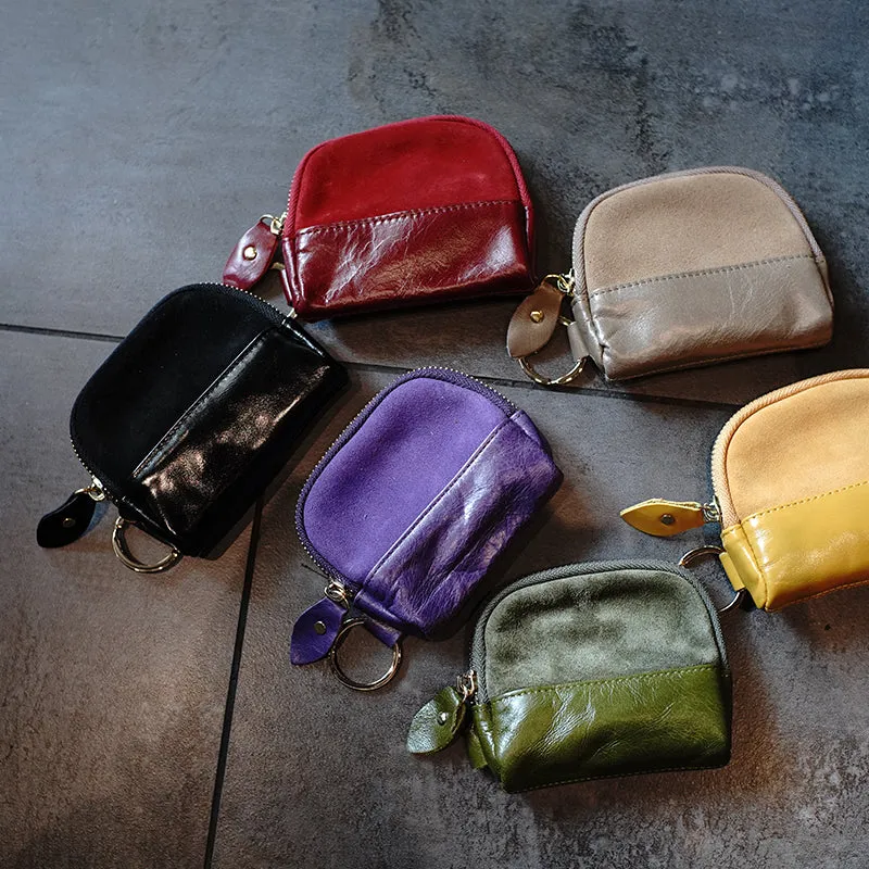 Vintage Women Tan Leather Zip Coin Pouch with Keyring Coin Wallet Change Wallet For Women