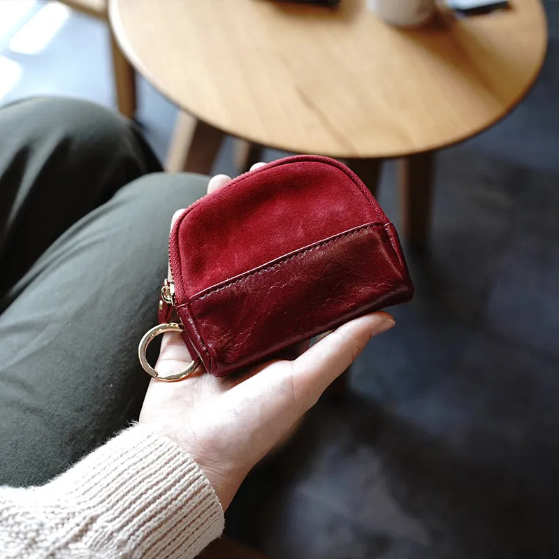 Vintage Women Tan Leather Zip Coin Pouch with Keyring Coin Wallet Change Wallet For Women
