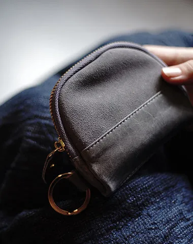 Vintage Women Tan Leather Zip Coin Pouch with Keyring Coin Wallet Change Wallet For Women
