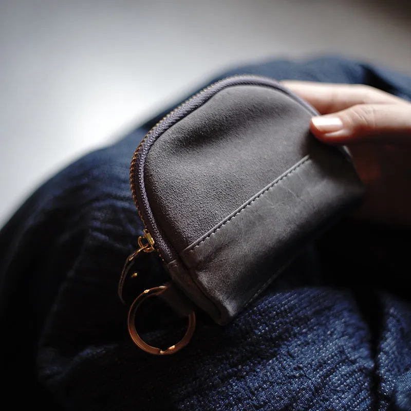 Vintage Women Tan Leather Zip Coin Pouch with Keyring Coin Wallet Change Wallet For Women