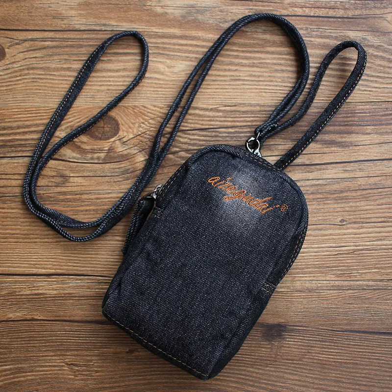Vintage Womens Black Denim Mini Pouch with Wristlet Denim Small Phone Purse for Women