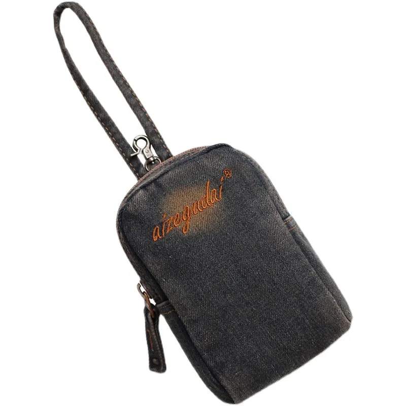 Vintage Womens Black Denim Mini Pouch with Wristlet Denim Small Phone Purse for Women